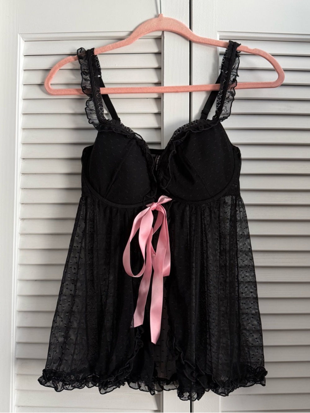 Victoria’s secret Black Lace Babydoll Chemise with Pink Ribbon